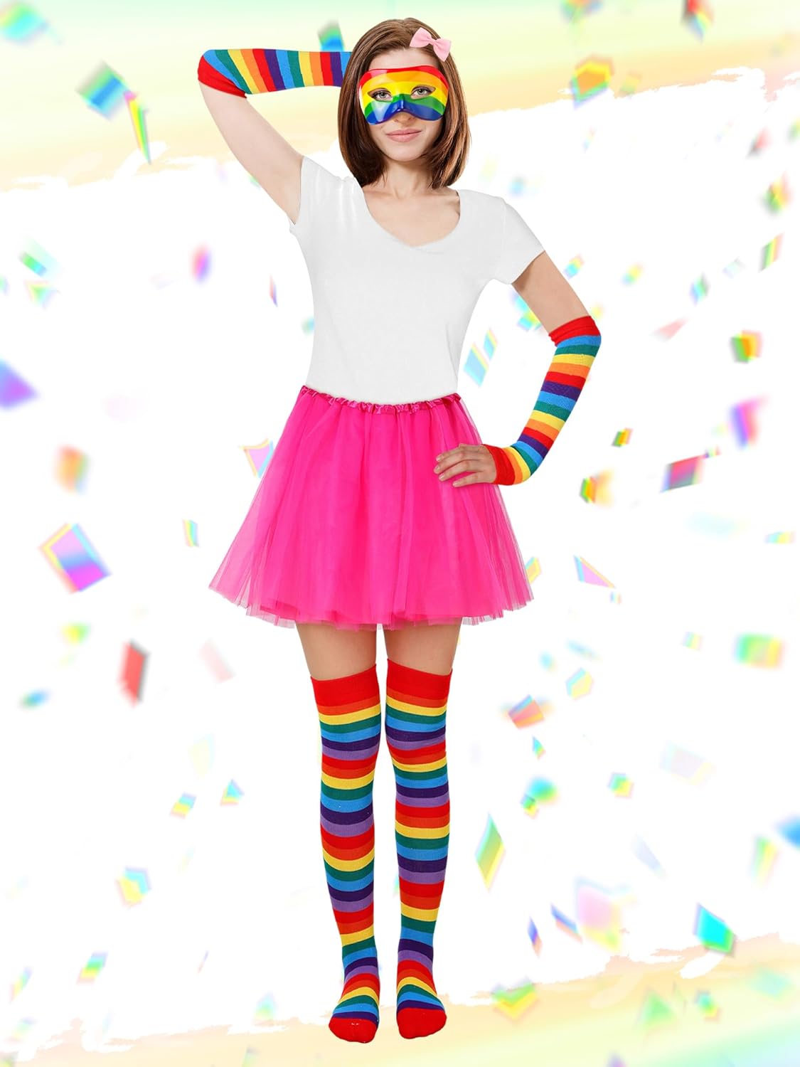 5 Pcs Halloween Book Character Costume Rainbow Stripes Costume Accessories Thigh High Socks Gloves Pink Tutu Skirt and Bow Hair Clip Mask for Women Cosplay Party - Image 6