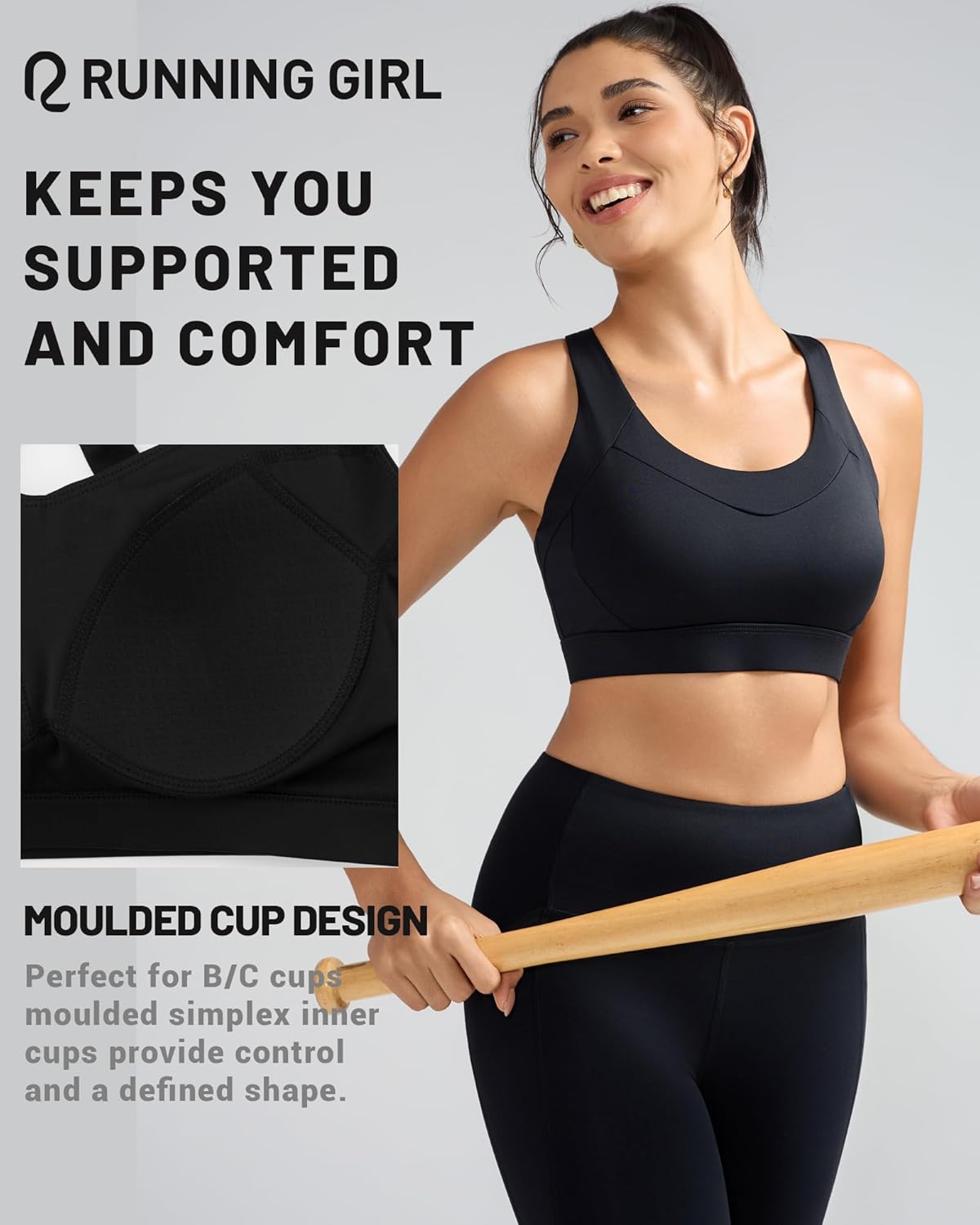 RUNNING GIRL Sports Bra for Women High Support, Molded Cup High Impact Sports Bras with Sewn in Pads Strappy Running Bra - Image 6