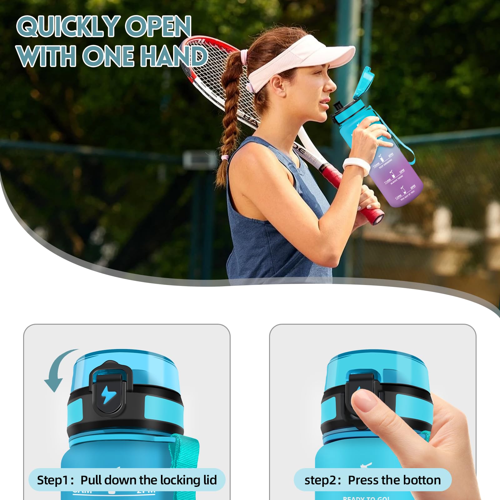 Motswedi Borraccia 1,5l, Borraccia Motivazionale, a Prova di Perdite, Bottiglia Palestra, Con marca temporale, Bottiglia Acqua per Sport, Università, Ufficio, Bicicletta - Blu&viola