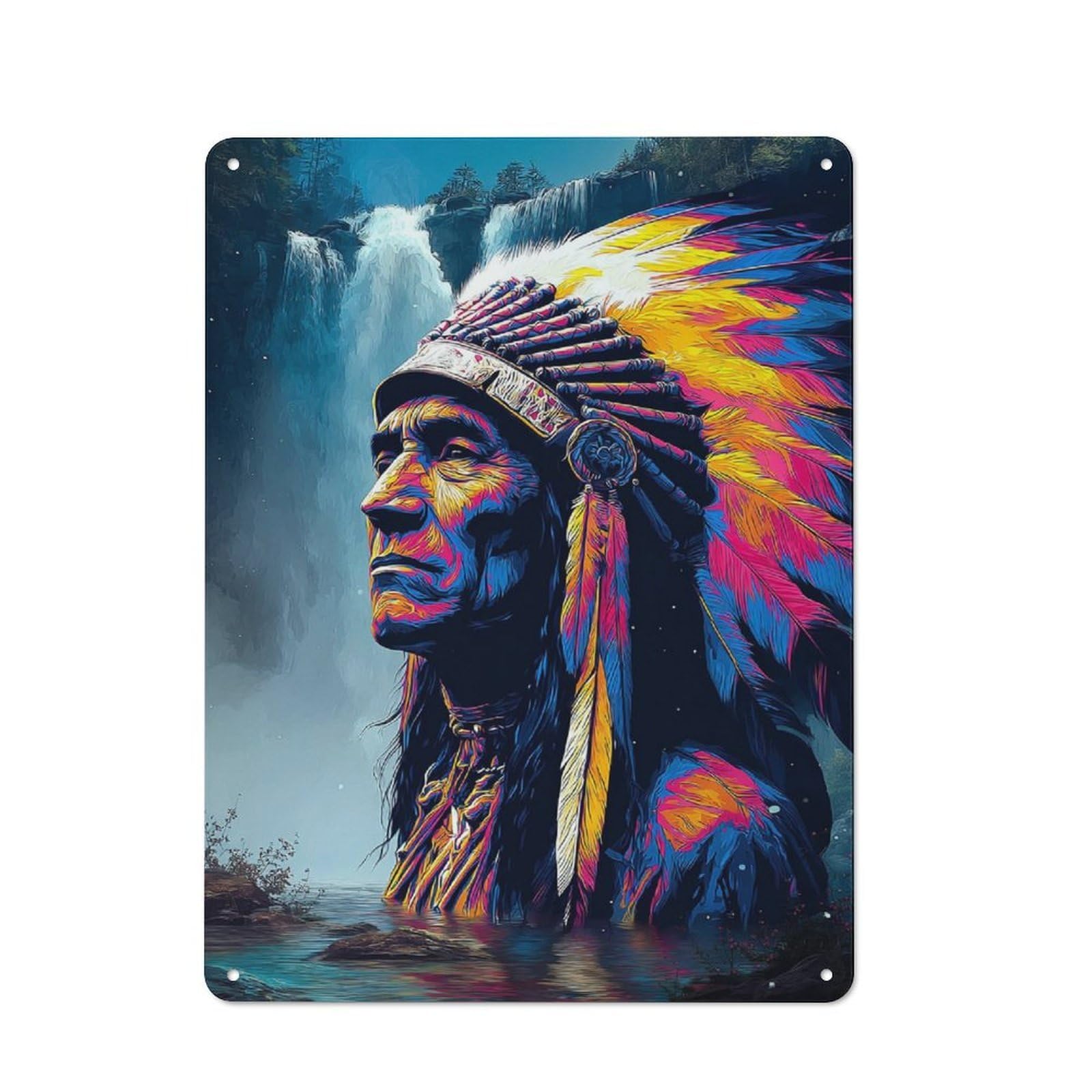 Junmoney Colorful Native American Chief With Feathered Nostalgic Headdress Metal Wall Sign 40X30cm, Classic Pub Decor For Bar, Kitchen, Garage Or Games Room