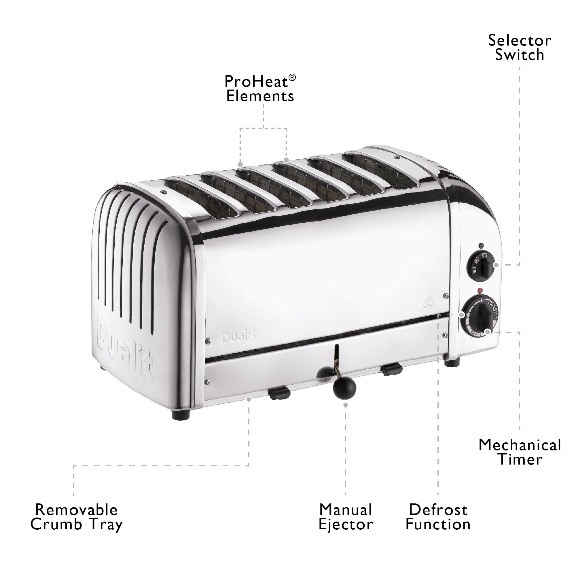 Dualit - Grille-pain Dualit Vario 6 tranches 3 kW 60144, inox - Faites griller 2, 4 ou 6 tranches avec sélecteur de fentes ; 220(H) x 460(l) x 210(P) mm, tiroir à miettes, patins en caoutchouc, E972
