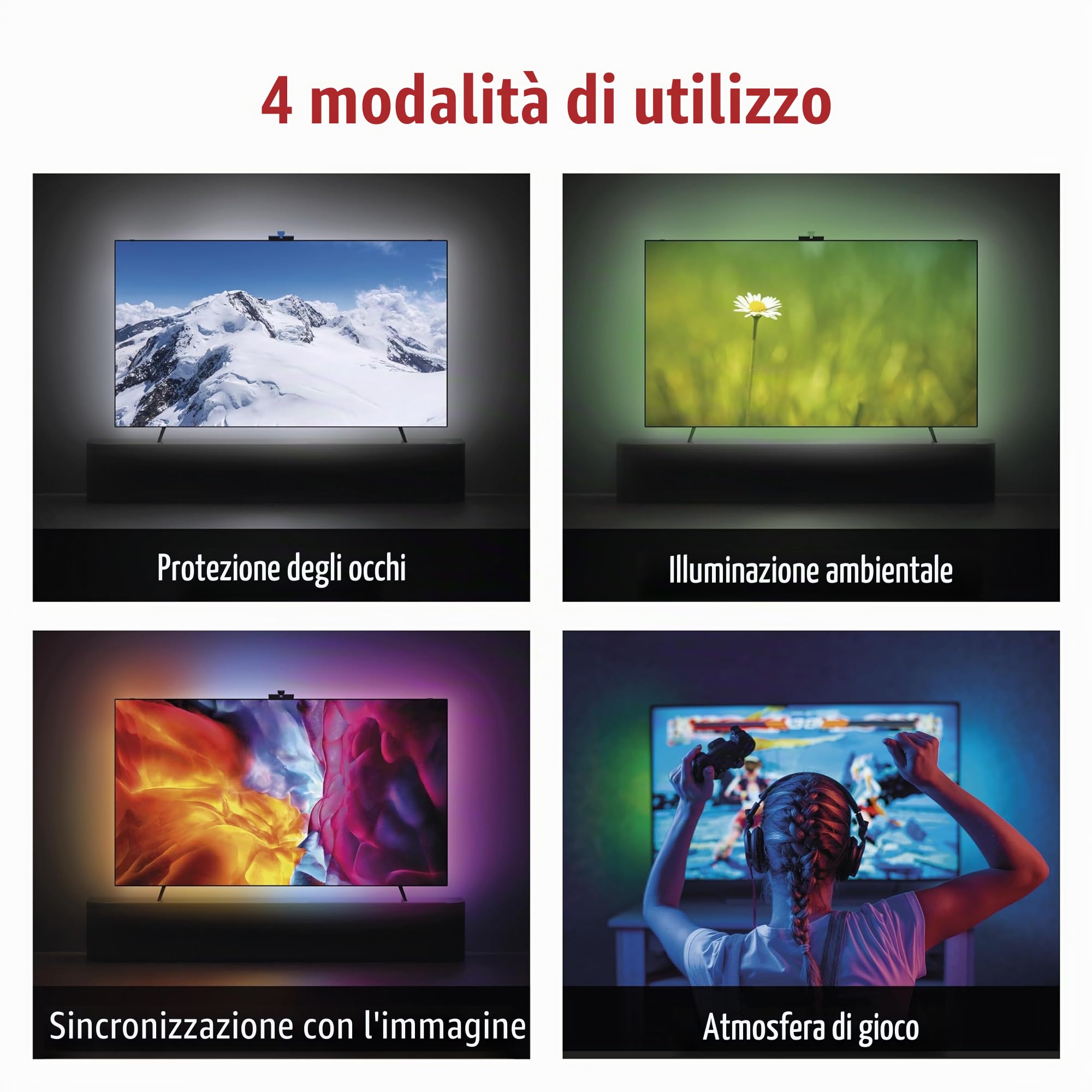 EMOS Retroilluminazione intelligente per TV da 55" (139 cm) - Tubi luminosi LED RGBIC rimovibili per TV con fotocamera - Luminosità 450 lm - Connettività WiFi, controllo tramite app