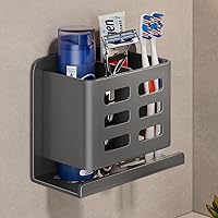 YESENT Grey Aluminum Wall-Mounted Toothbrush Holder - No Drill Shaver & Toothpaste Rack, 20KG Load, Rust-Proof Bathroom Storage