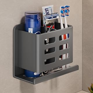 YESENT Grey Aluminum Wall-Mounted Toothbrush Holder - No Drill Shaver & Toothpaste Rack, 20KG Load, Rust-Proof Bathroom Storage