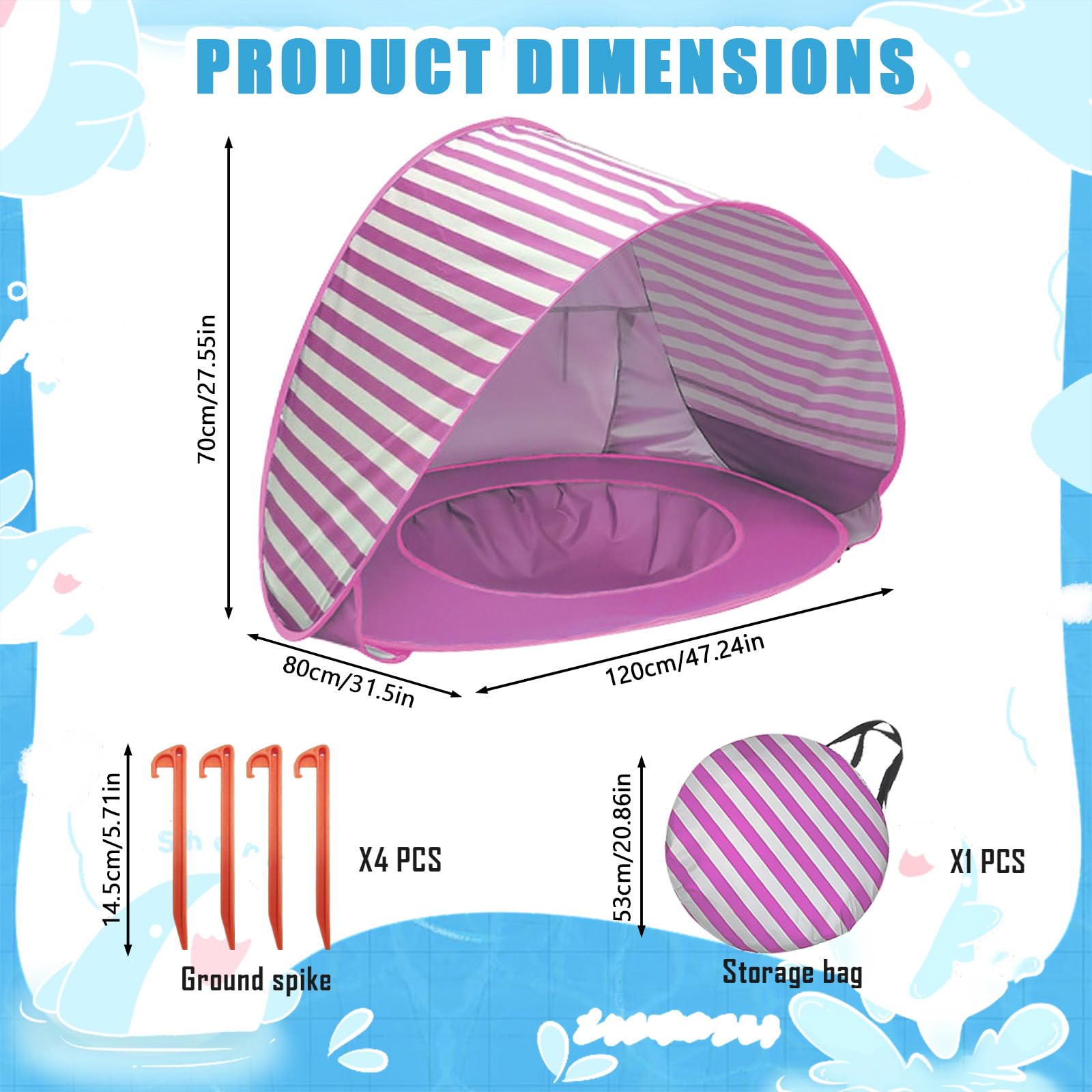 Tienda de campaña para la playa para bebés con piscina, tienda de campaña portátil con minipiscina separable, protección UV, ideal para playa, jardín y camping (rayas rosas)