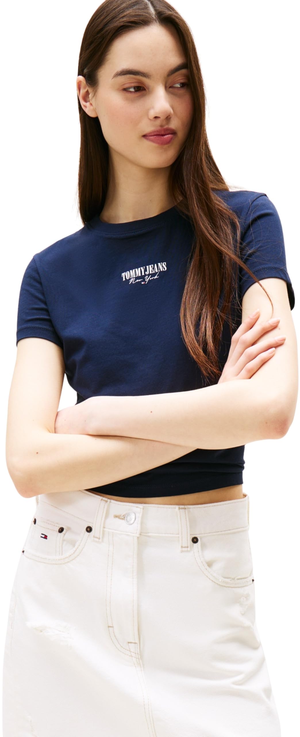 Tommy Jeans Women’s Short Sleeve Slim Essential Logo Cropped T-Shirt, Blue (Dark Night Navy), M