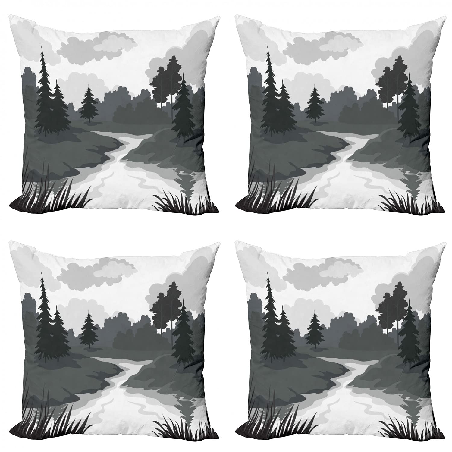 ABAKUHAUS Set Di 4 Federe Per Cuscini 60x60 Cm - Design Montagne Scala Di Grigi - Stampa Digitale Fronte/Retro, Chiusura Lampo, Morbida Microfibra