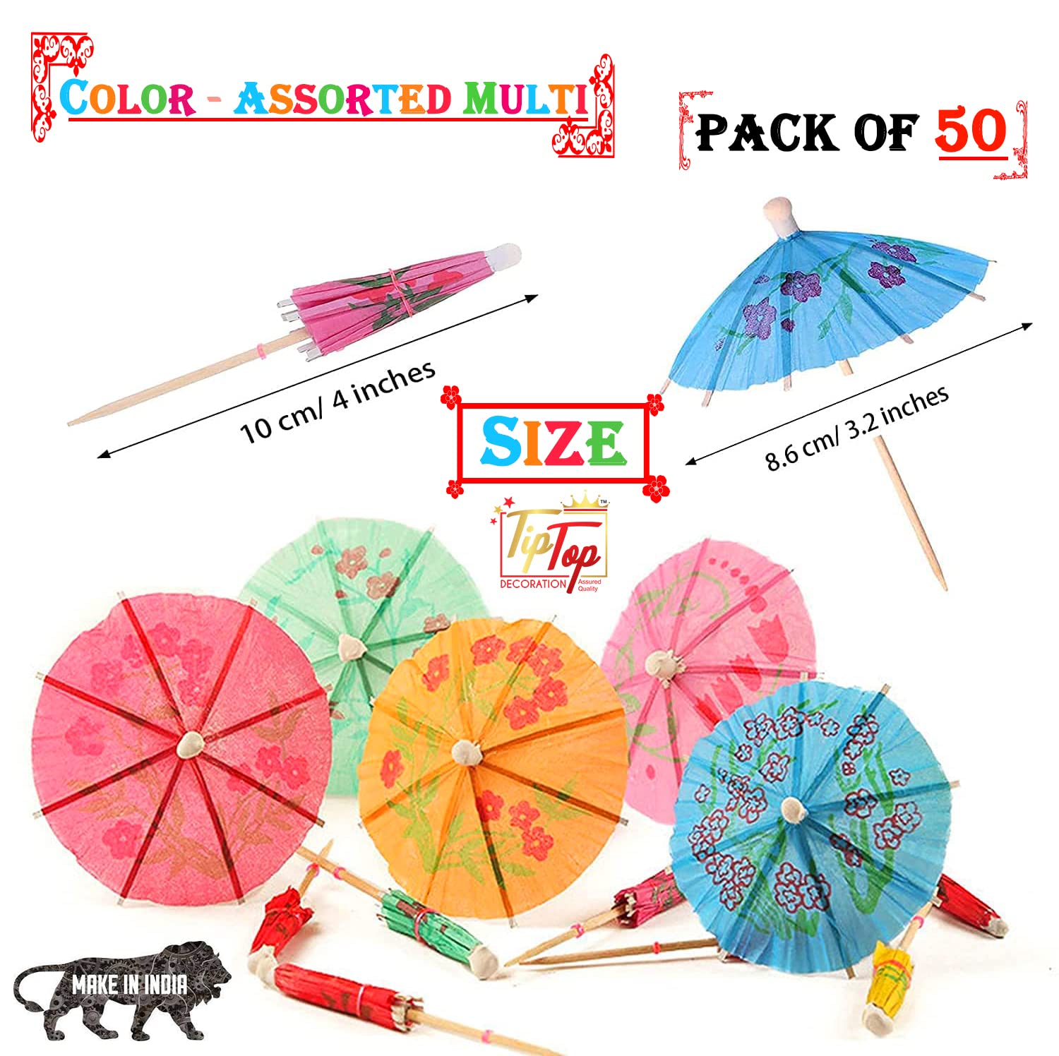 TIPTOP DECORATION Premium Paper Folding Umbrella Tropical Hawaiian Topper Toothpicks (Pack of 50, Assorted Multi)