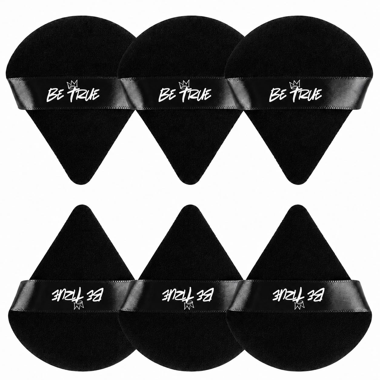 BE TRUE 6 Pieces Triangle Powder Puff Beauty Sponges with Case, Ultra Soft Velvet Makeup Puffs for Foundation & Setting Powder for a Flawless Application -Black