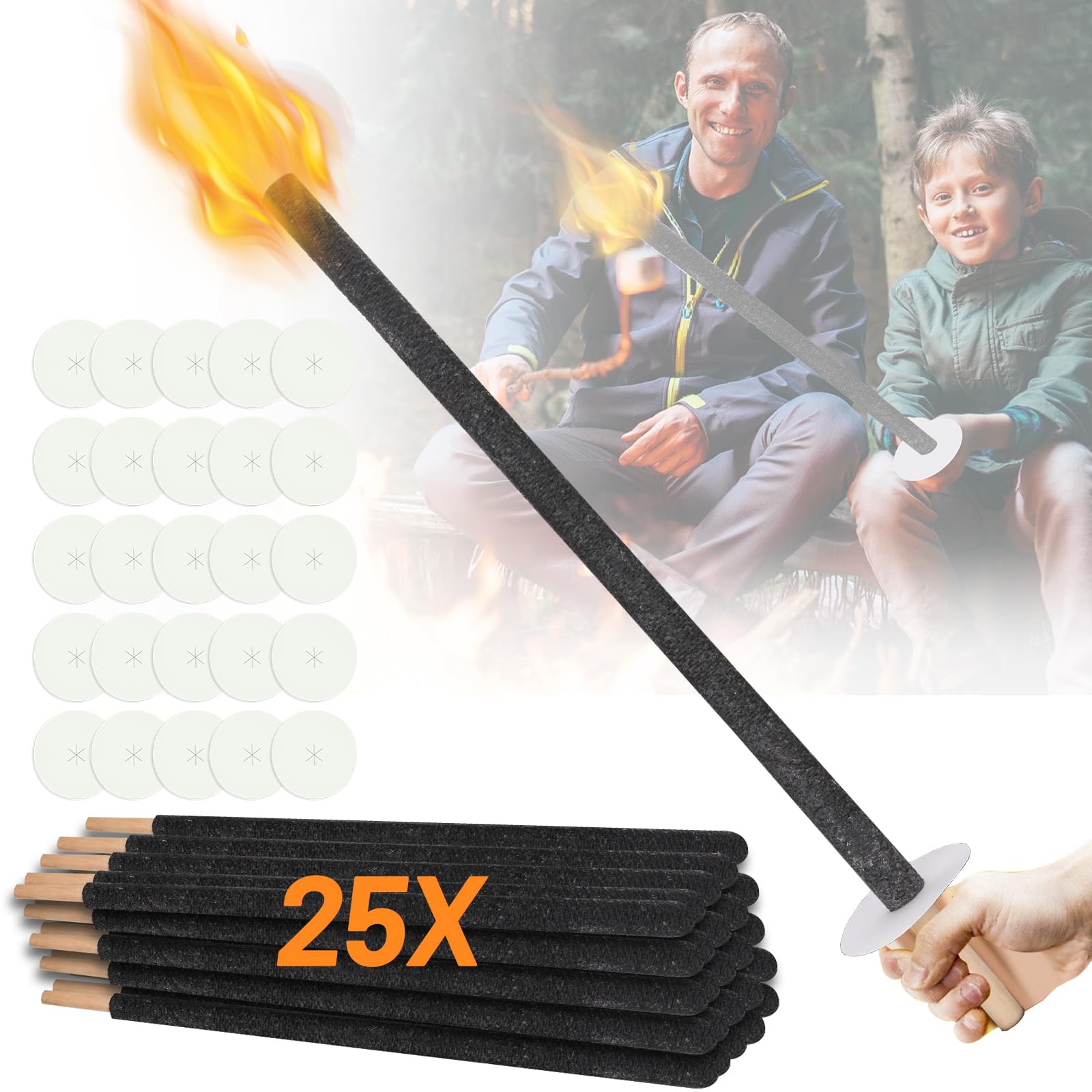 Gimisgu 25x Torches, 72 cm, White Cotton Flame Torches, Burning Time 90-100 Minutes, Suitable for Hiking, Campfire, Garden Parties