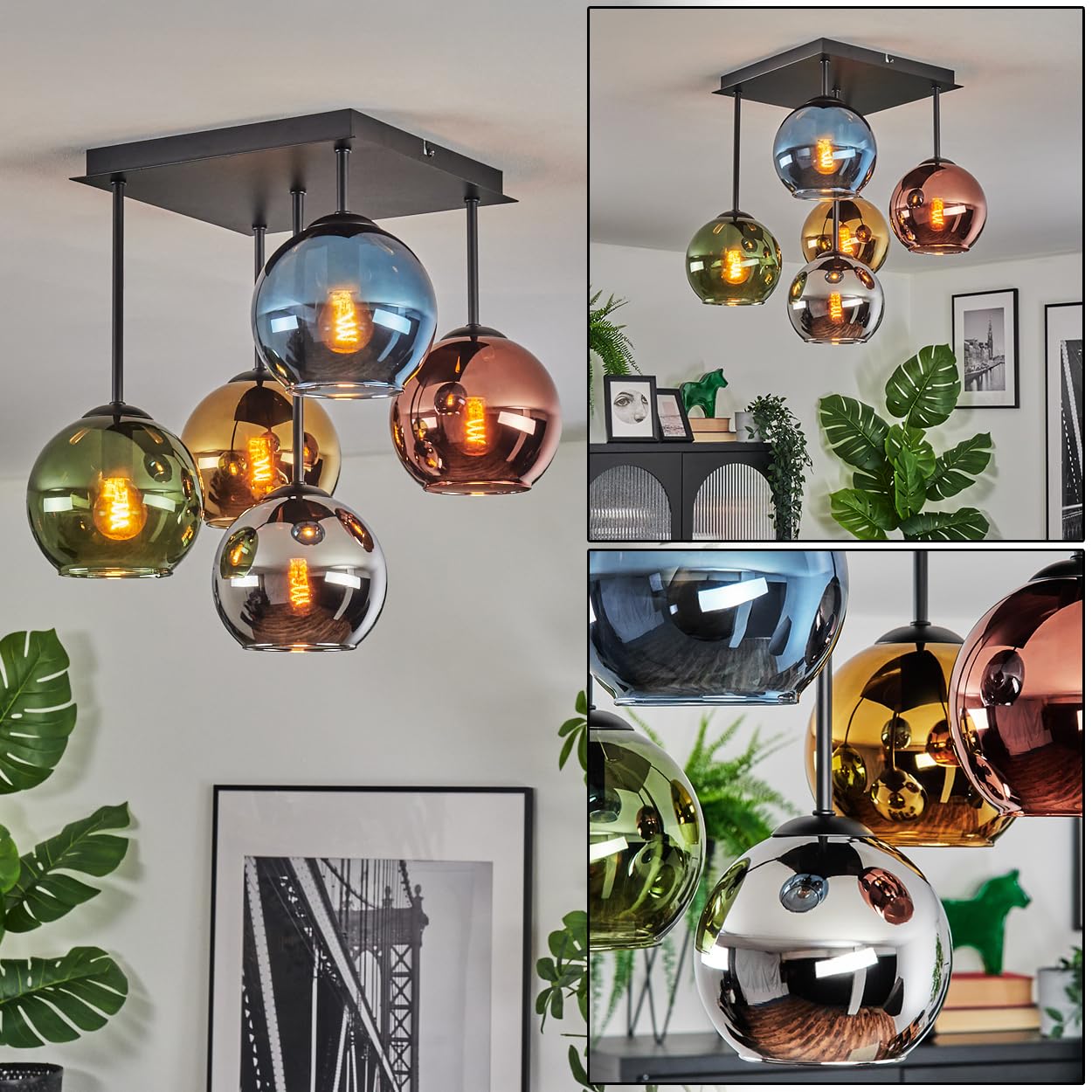 HOFSTEIN Deckenleuchte Koyoto, 5-flammige Deckenlampe aus Metall/Glas in Schwarz/Blau/Grün/Gold/Kupfer/Chrom/Rauch, Leuchte im Retro-Design (Schirme Ø 15 cm), E14, Esszimmer, Wohnzimmer, Schlafzimmer