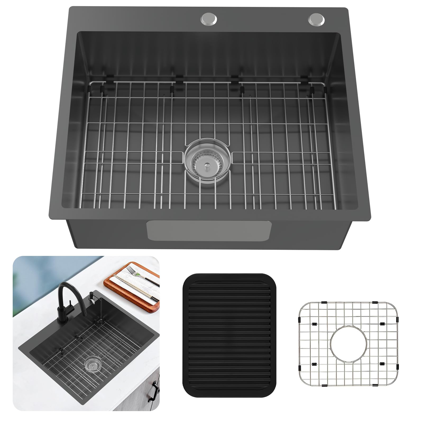 Black Kitchen Sink, Stainless Steel 27 x 22 Inch Drop In Kitchen Sink Single Bowl Top Mount Kitchen Sink Set - Sink Grid, Silicone Mat And Drain Assembly For Modern Kitchen Stylish and Functional