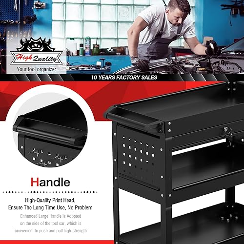 Miniatura 6 de Carrito de utilidad resistente de 3 niveles con ruedas, carrito de herramientas rodante sobre ruedas con un cajón, capacidad de carga de 350 libras,