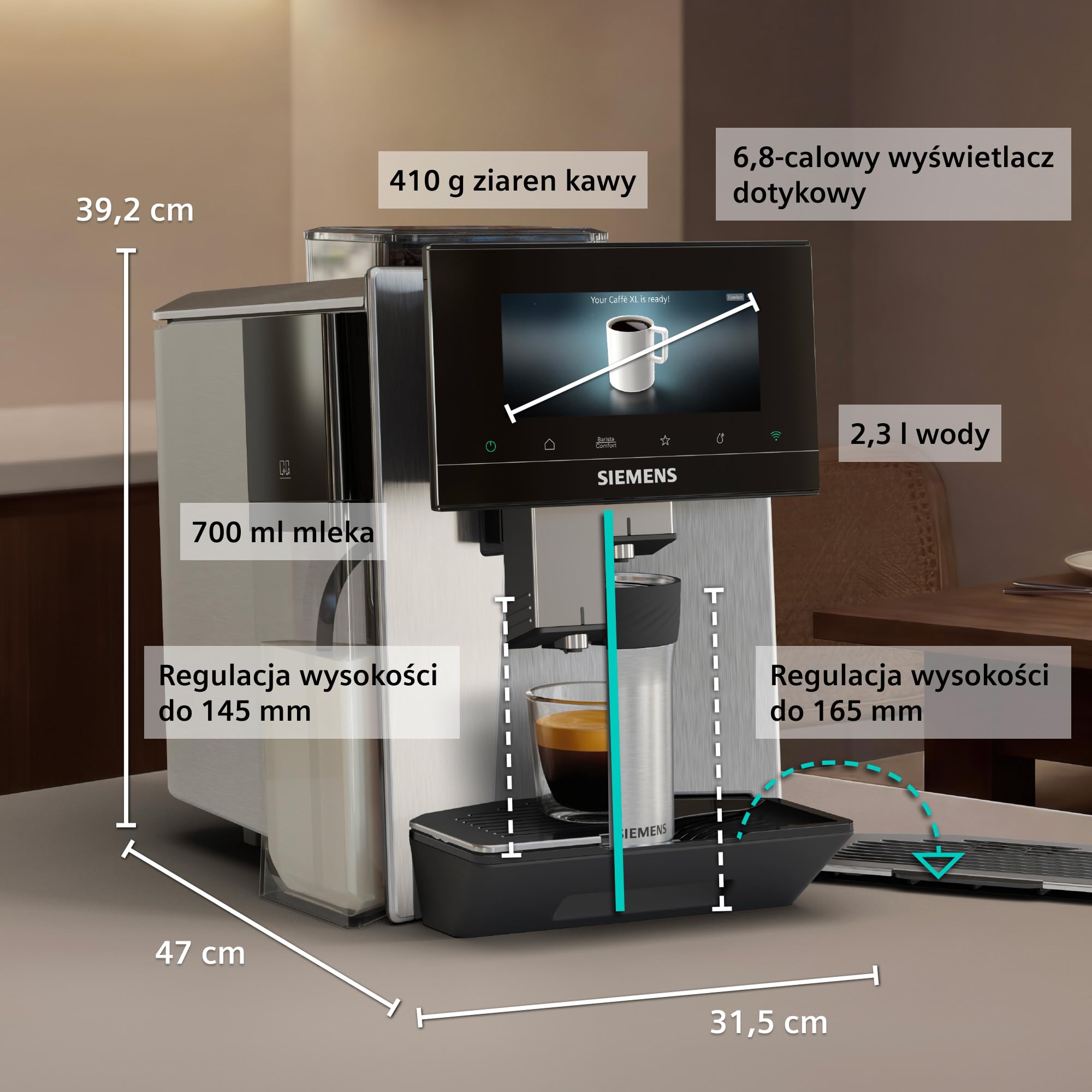 Siemens, automatyczny ekspres ciśnieniowy, EQ900 plus iAroma, automatyczne czyszczenie i odkamienianie, spersonalizowane ustawienia smaku, precyzyjne mielenie, stal nierdzewna, TQ923EZ3
