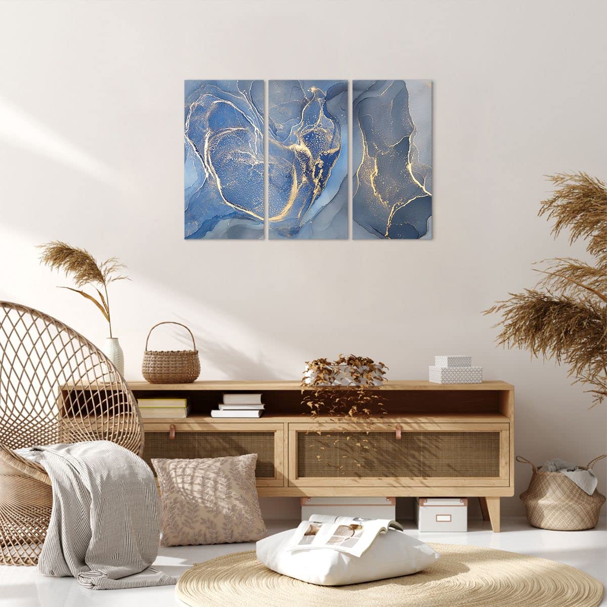 Lot De 3 Toiles Déco Bleu Or Fleurs Aquarelle - 30x40cm - Prêtes à Accrocher - Pour Salon Chambre