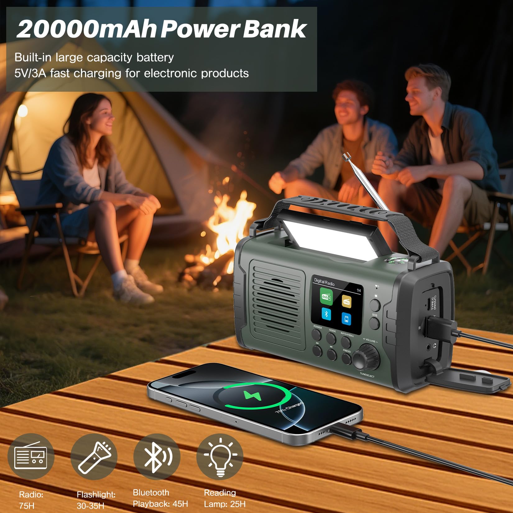 Kurbelradio DAB FM 20000mAh, Notfallradio DAB Plus Kurbel Solar, Solar Radio Notfall mit Bluetooth & Wecker, Emergency Radio mit Handy Ladegerät & Taschenlampe, SOS Kompass Survival Radio (Grüner)