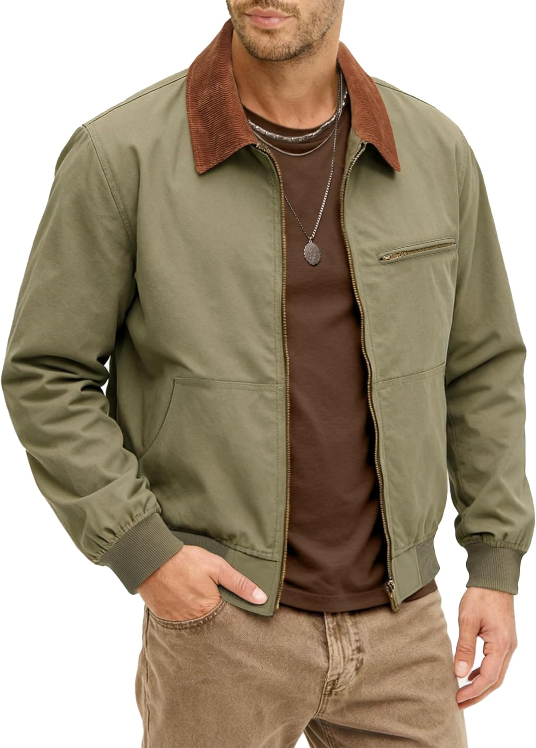 HOTake Men's Bomber Jacket Cotton Lightweight Casual Jacket with Corduroy Collar