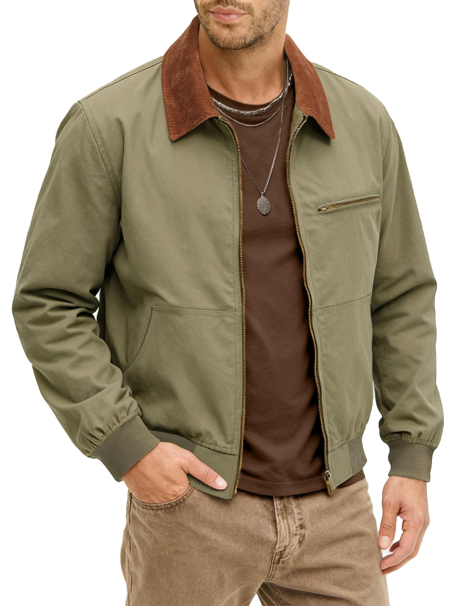 HOTake Mens Bomber Jacket Cotton Lightweight Casual Jacket with Corduroy Collar