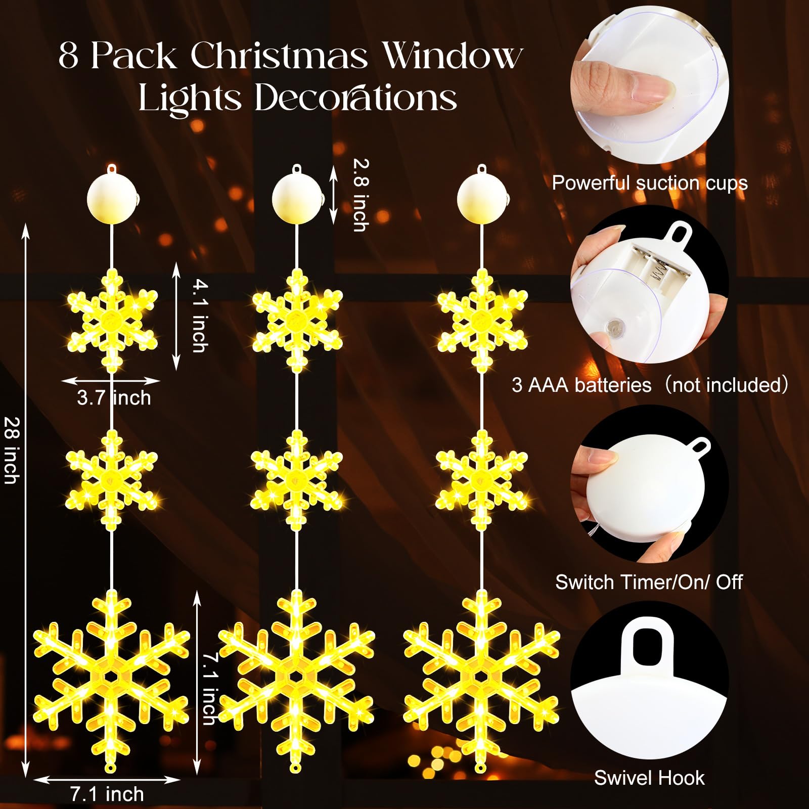 Tujoe 8 Stück Timer Weihnachten Fenster Lichter Dekorationen Schneeflocke Weihnachten Hängeleuchten mit Saugnapf, 2 Modi, batteriebetrieben für Weihnachten, Urlaub, Neujahr, Außen- und Innendekoration