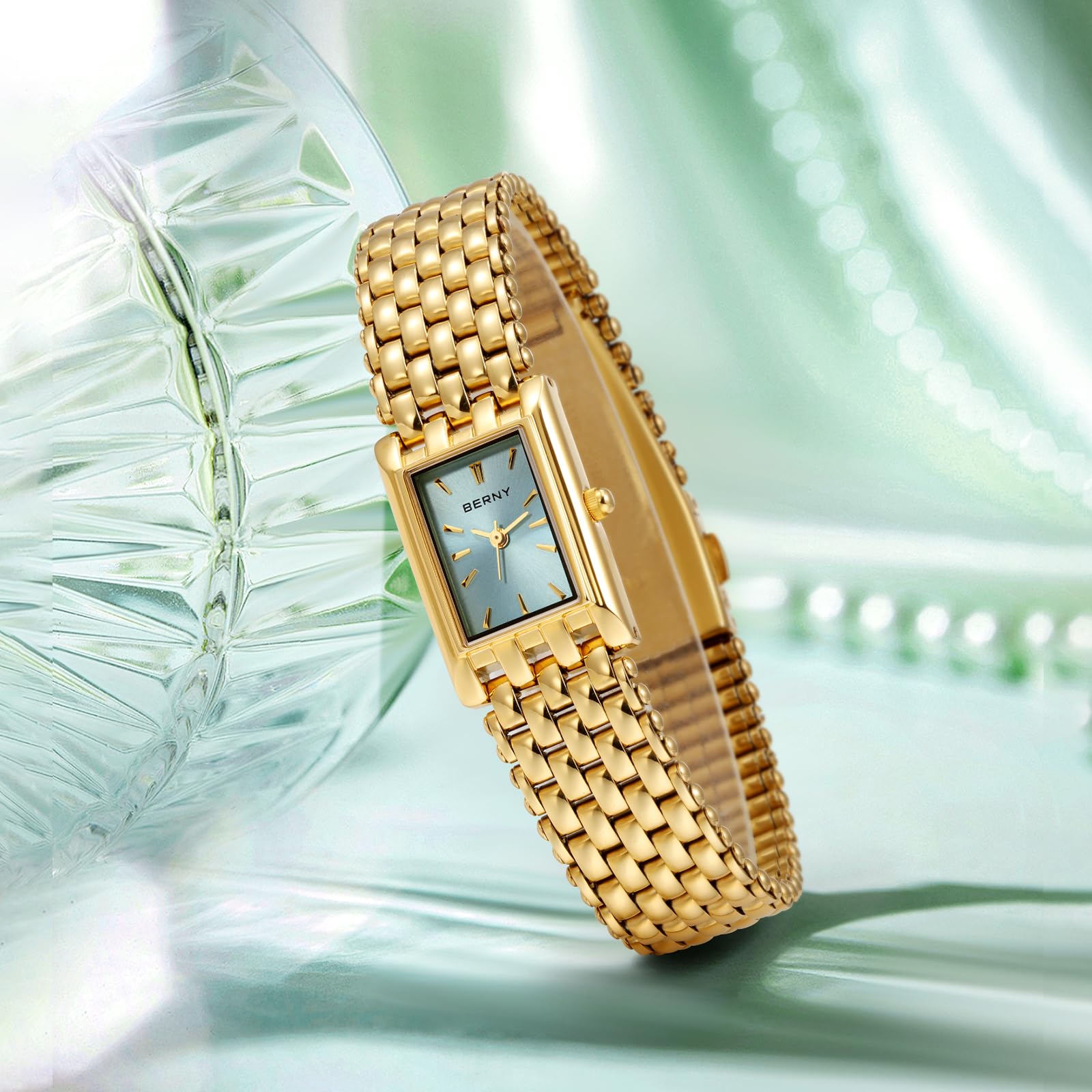 BERNY Reloj de Oro para Mujeres Reloj de Pulsera Rectangular Impermeable Reloj de Pulsera de Lujo Reloj Analógico de Cuarzo de Acero Inoxidable Dial de Rayos Solares Regalo de Cumpleaños