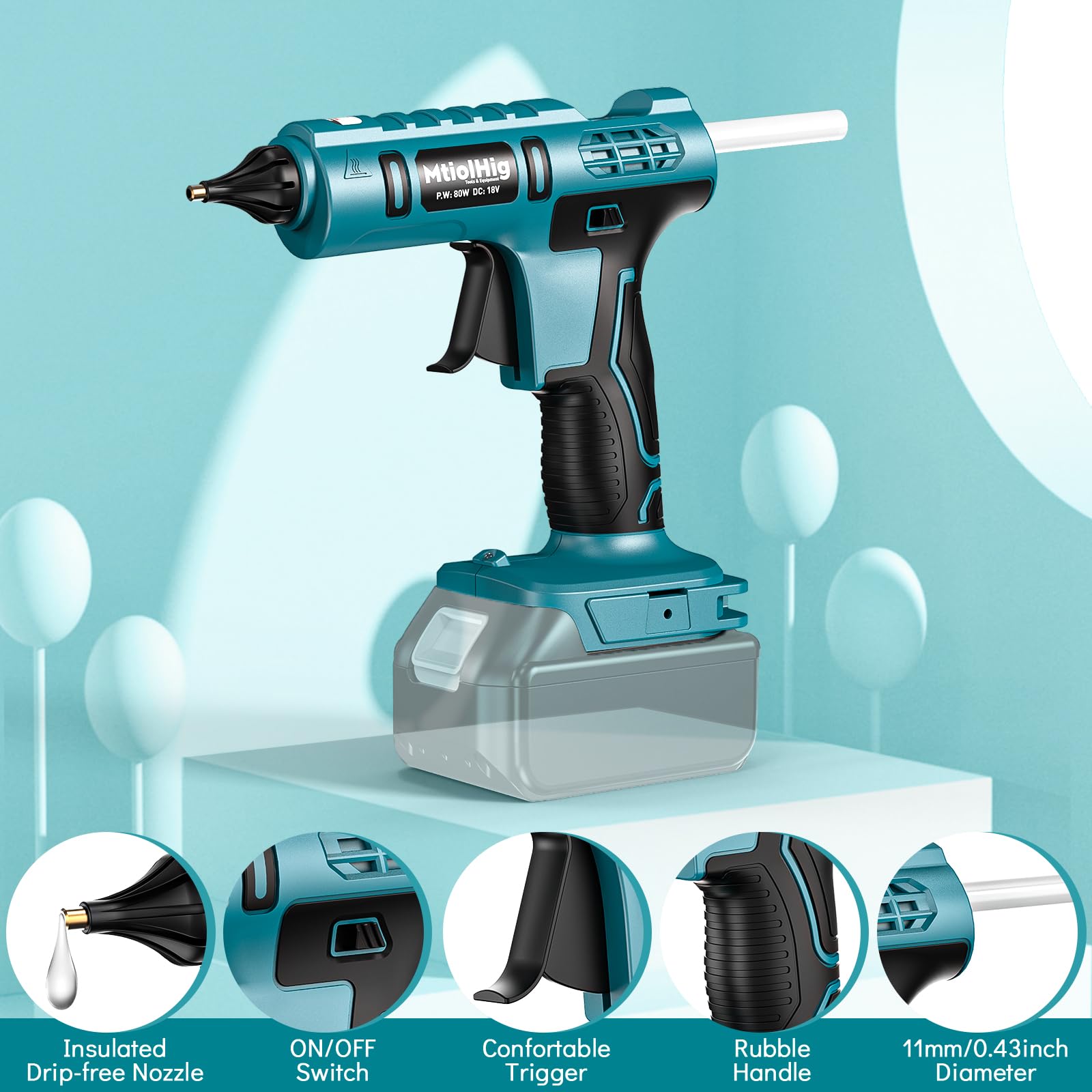 Pistola per colla a caldo senza fili per batteria Makita da 18 V, portatile, senza fili, resistente, kit completo con 20 stick di colla a caldo da 1,1 cm, per arti e mestieri, riparazioni domestiche