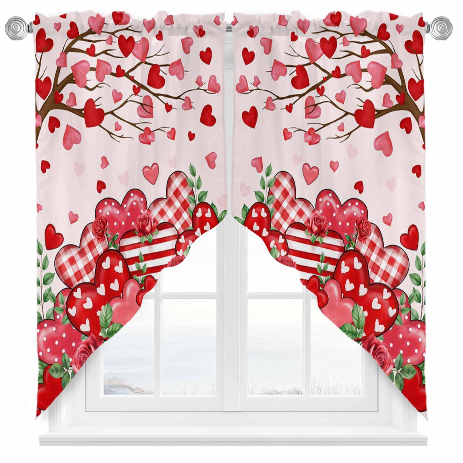 BEMIGO Swag Valances for Windows, Love Heart Rod Pocket Kitchen Window Curtains Over Sink, Heart Branches Curtain Panel Swag Curtains Valences, 36 Inches Length