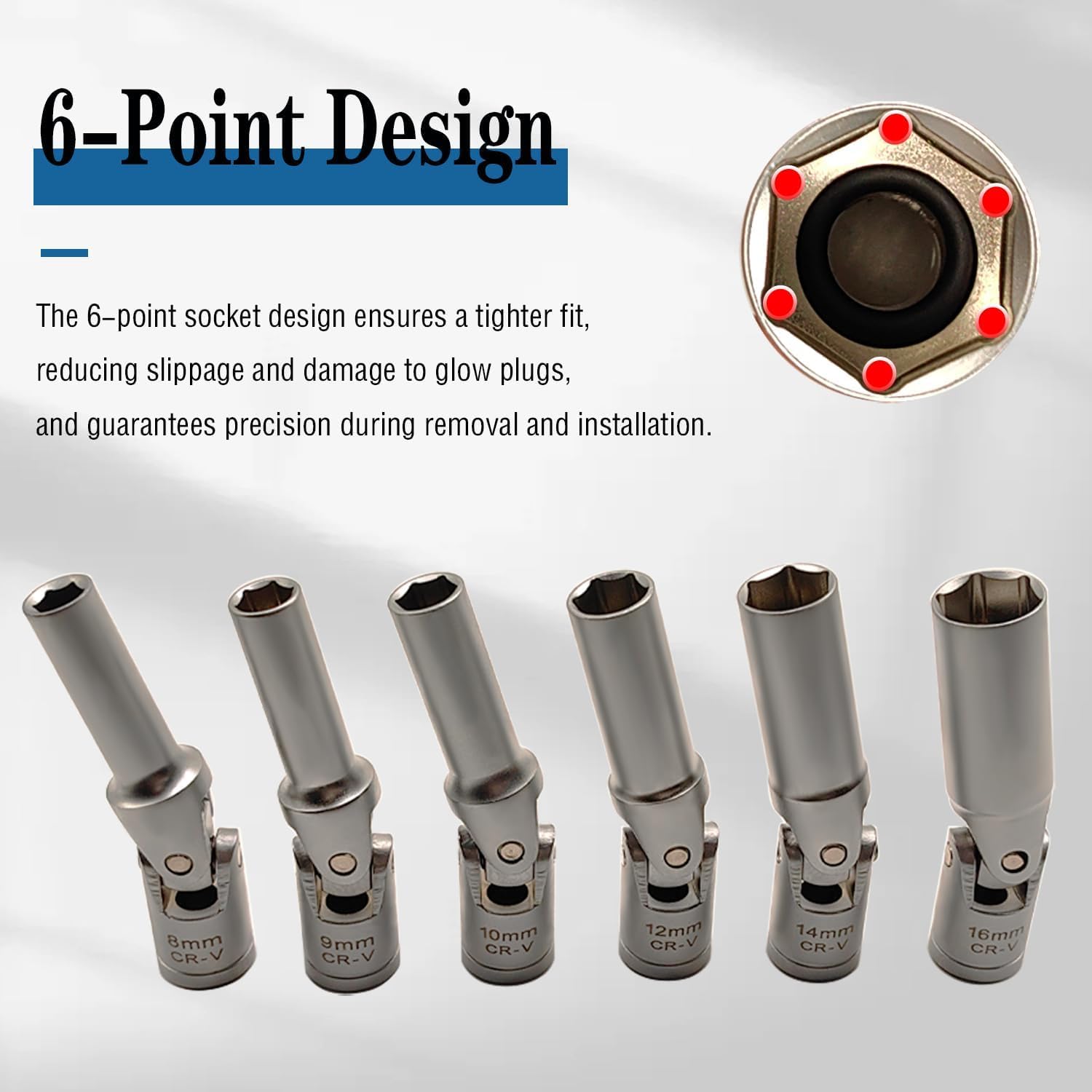 6PCS 3/8" Glow Plug Socket Set, Universal Joint 8-16mm, 6 Point Glow Plug Removal Tool for Removal and Replacement of Glow Plugs