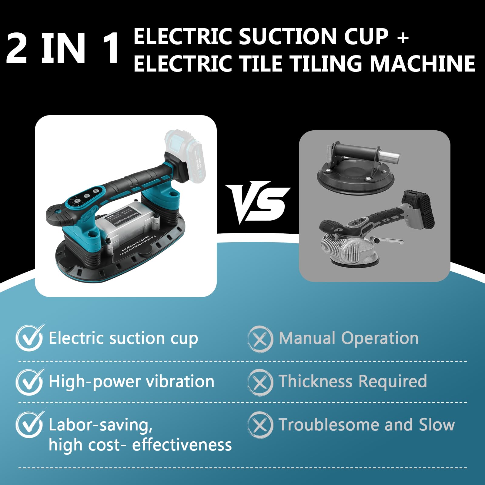 2IN1 Akku Fliesenrüttler & Saugnäpfen kompatibel mit Makita 18 V Akku, Handheld-Automatischer Kippender Vibrator mit 6 Gang Einstellbaren, Hochleistungs Fliesenleger Maschine, 30*16cm, 250kg Tragkraft
