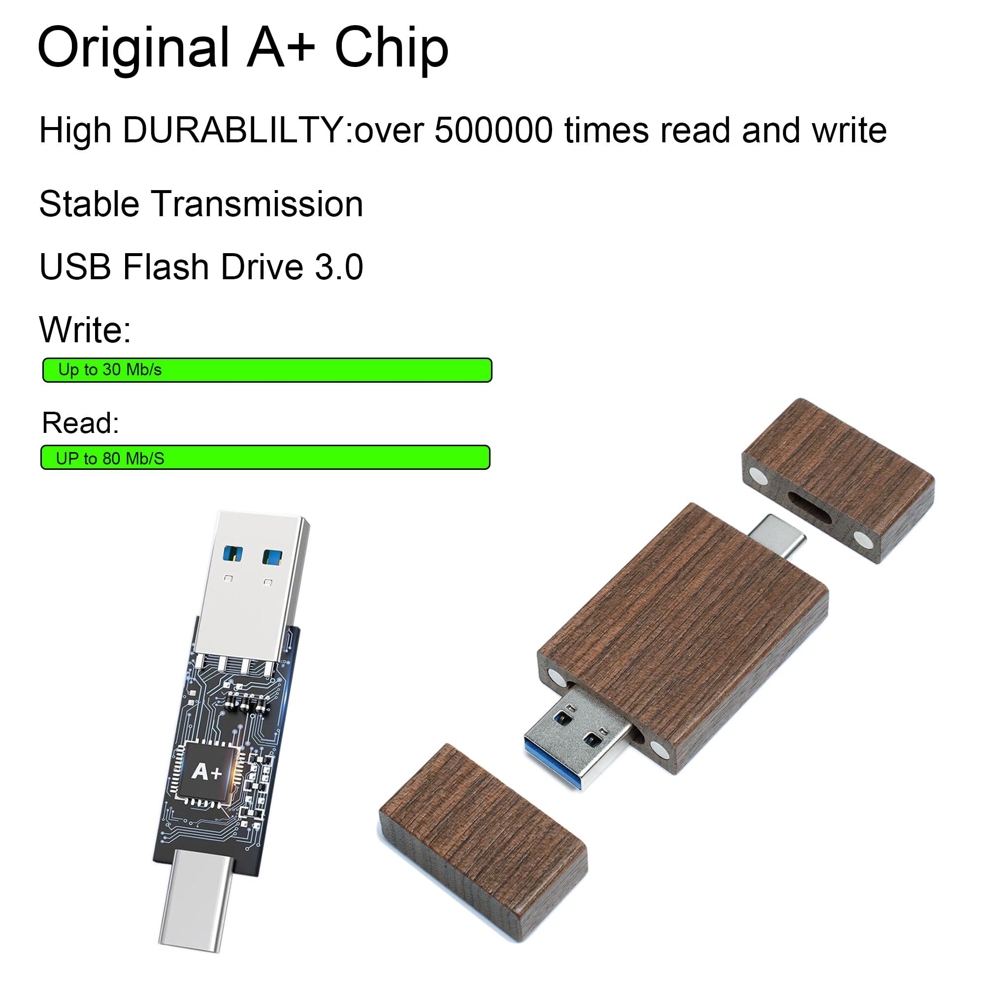Confezione da 5 chiavette USB C da 8 GB, chiavetta USB 3.0 ad alta velocità, doppia OTG, in legno di noce, per TV, auto, smartphone, PC, laptop