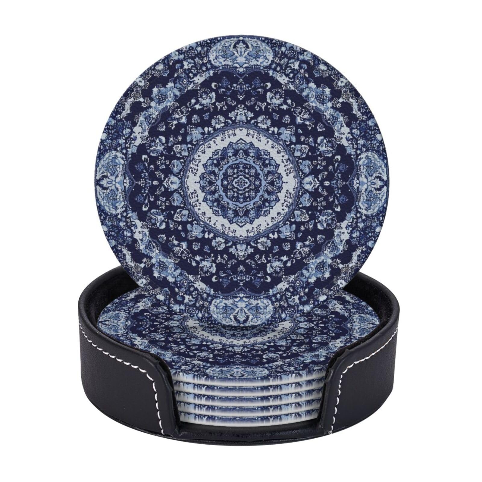 6 Pack Southwest Tribal Leather Coasters for Drinks with Holder Vintage Ethnic Floral Aztec Navajo Coasters Drink Table Cup Mat for Kitchen Dining Cafe Decor Round