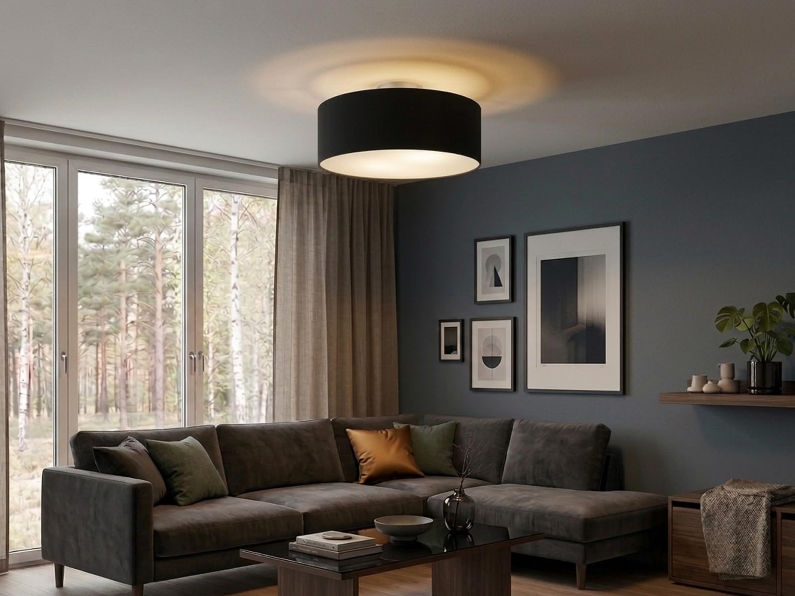 meineWunschleuchte Decken-Leuchte Stoff in Schwarz | Ø 40cm, 3x E14, Schirm rund, Satinierte Abdeckung, Blendfreies Licht, für Schlafzimmer & Wohnzimmer