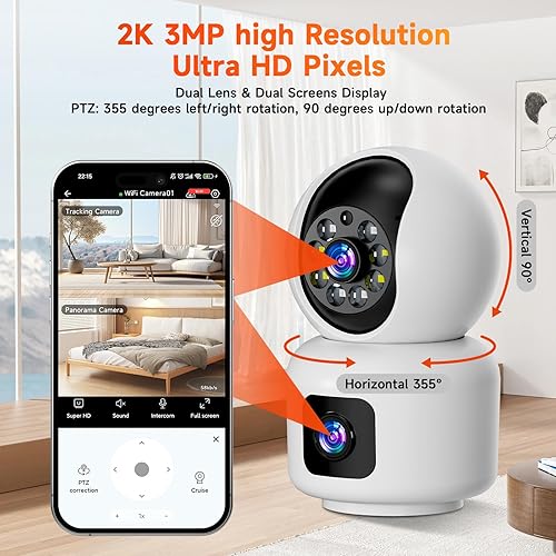 Miniatura 4 de Hawkray - Cámara de seguridad inteligente de doble lente de 360, cámara HD 2K, compatible con 2.4G5G, WiFi de doble banda, visión nocturna a color,