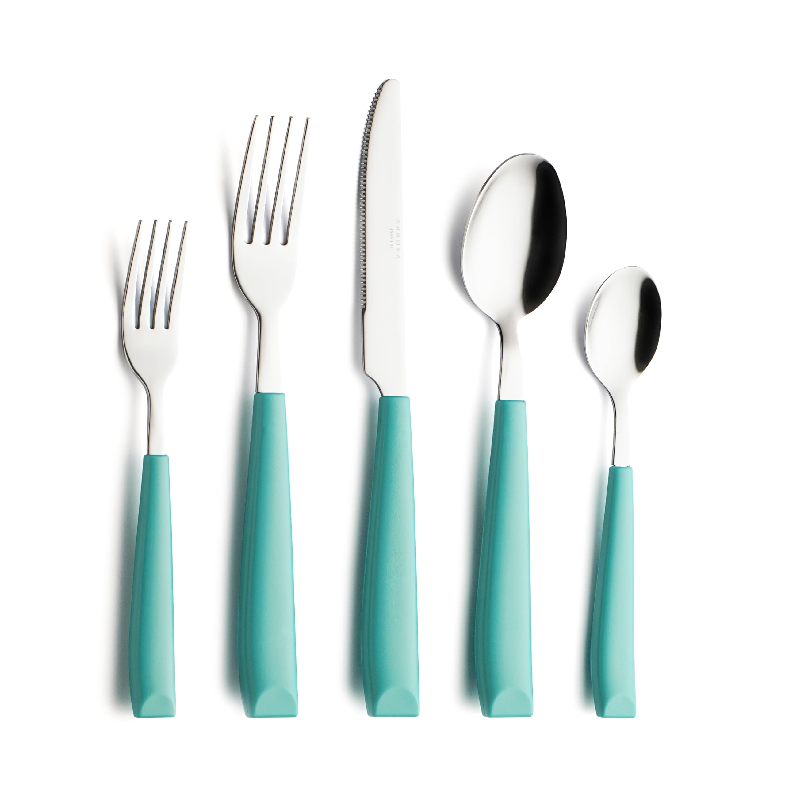 ANNOVA Set di posate, set di posate con manico colorato in acciaio inossidabile, include coltelli da tavola, forchette, cucchiai, forchette da insalata e cucchiai da dessert(20 Pieces, Turquoise)