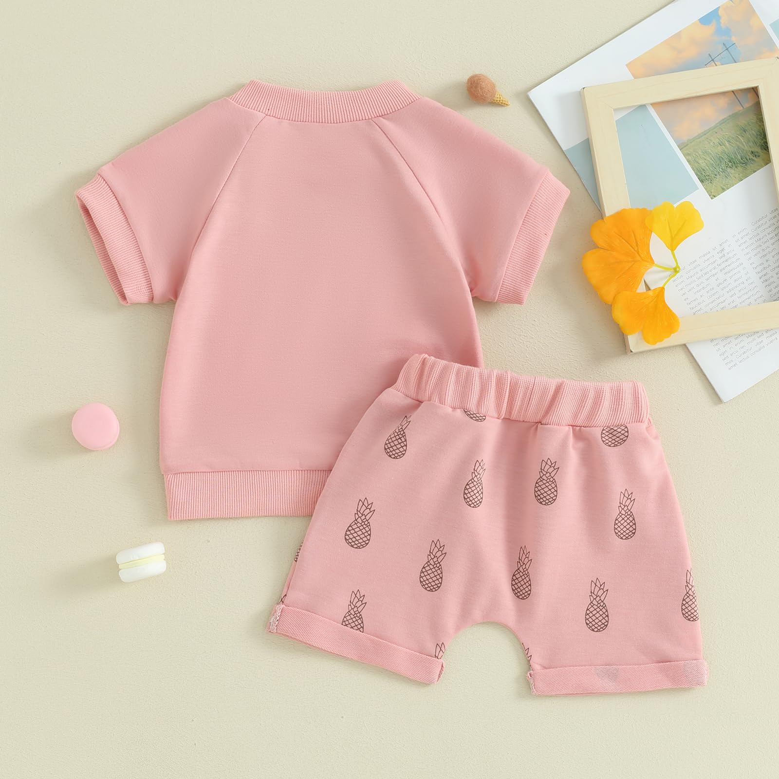 Toddler Baby Girl Boy Summer Clothes Short Sleeve Cute Tshirt Crewneck Top Pineapple Shorts Outfit Set 0-3T (Pink, 12-18 Months)
