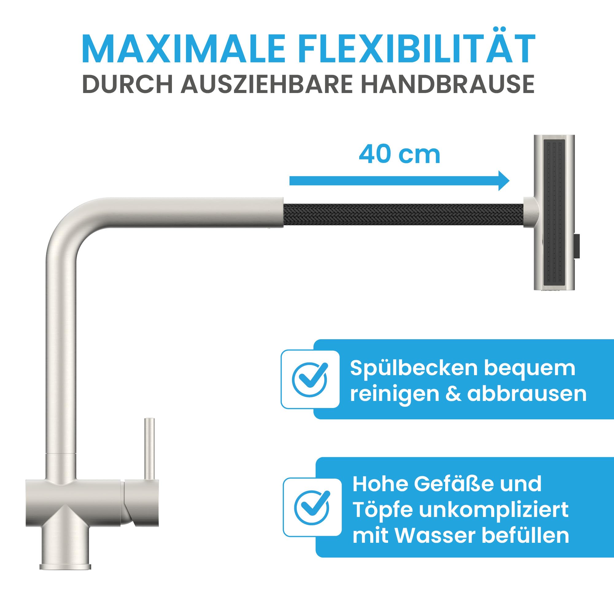 Bächlein Küchenarmatur Erino (Edelstahl gebürstet) – Schwenkbare Einhand-Spültischbatterie mit 3 Strahlarten – Küchen-Wasserhahn mit ausziehbarer und drehbarer Brause und Wasserfall-Funktion