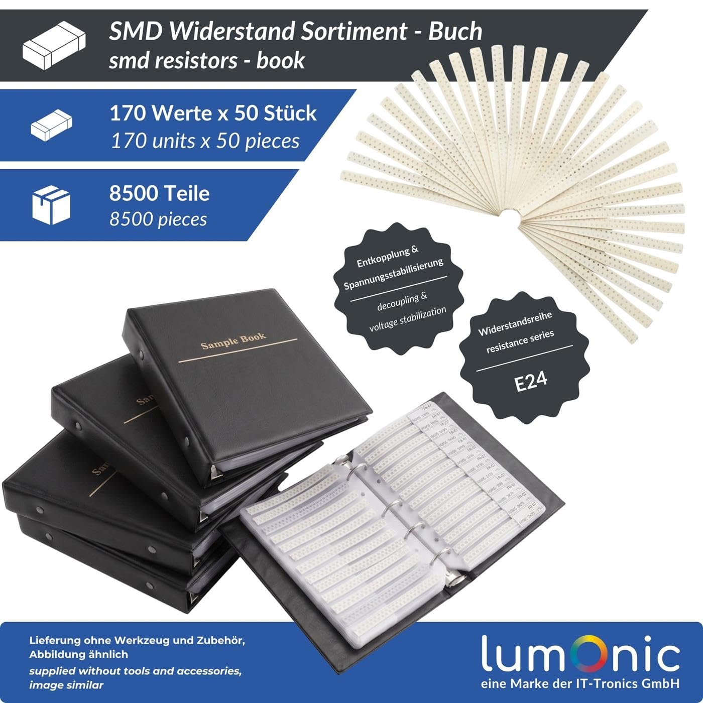 Lumonic SMD Resistenza 0603 Assortimento | 170 valori per 50 pezzi | Serie E24 8500 pezzi | Precisione dell'1% Libro dei resistori | Kit di resistenze SMD per laboratorio e fai da te