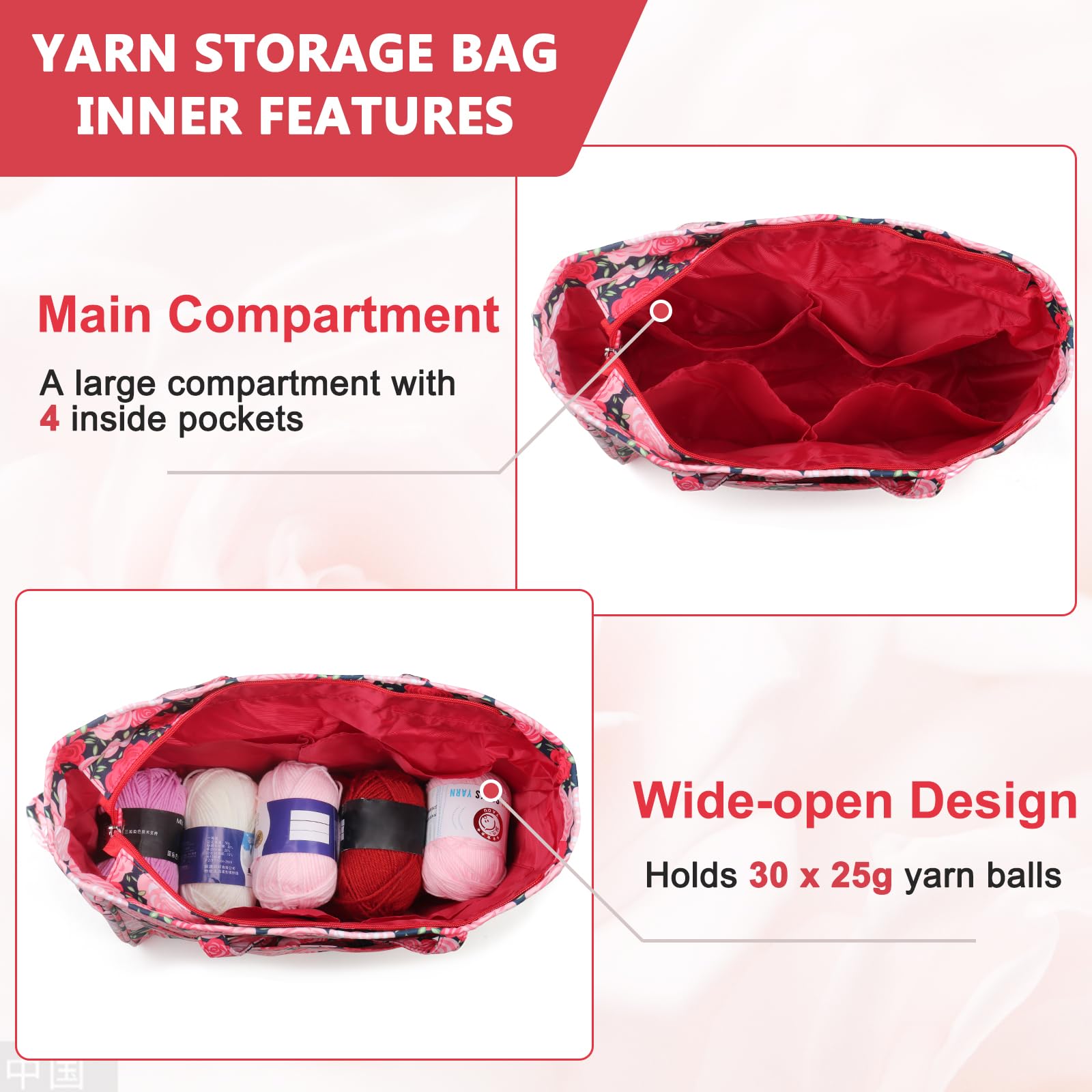 Aeelike Knitting Tote Bag, Large Craft Bags with Compartments - Image 3