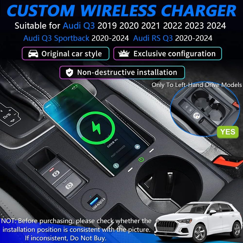 Cargador de Coche Inalámbrico para Audi Q3 Sportback RS Q3 2019-2024, Organizador de Consola Central Multifuncional con QC3.0 USB Carga Rápida Coche Teléfono Cargador para Audi Q3 Accesorios