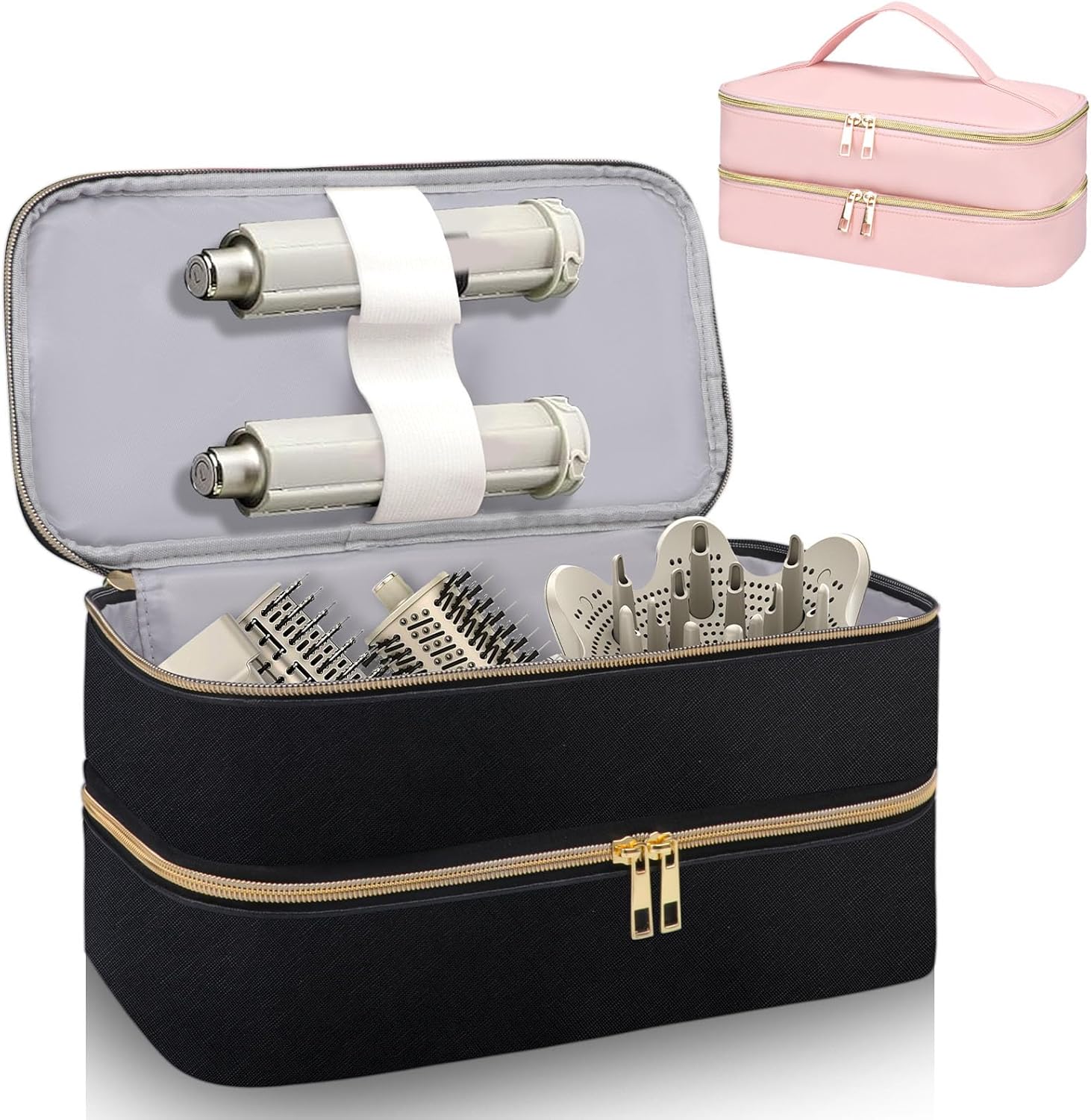 Travel Carrying Case for Shark Flex Style, Double Layer Storage Case for Shark SpeedStyle Hair Dryer Attachments, Waterproof PU Leather Organizer Bag (Black+Pink)