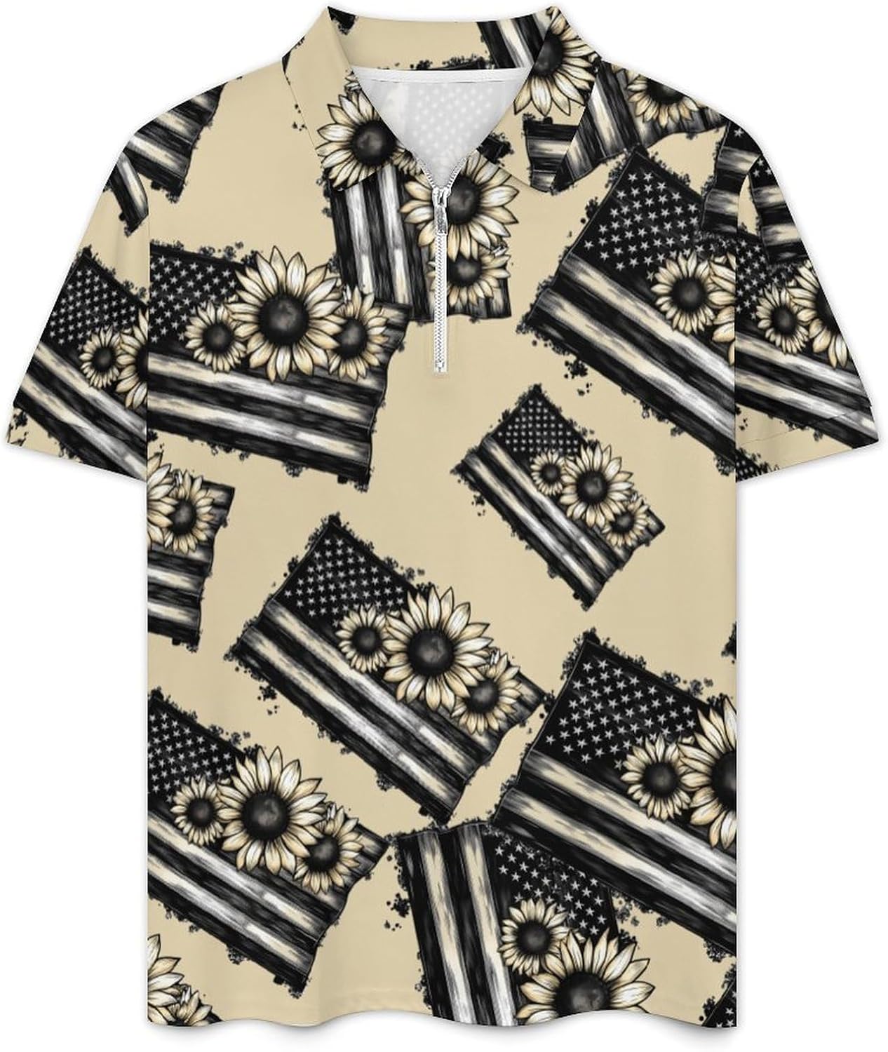 Sunflower with Usa Flag Mens Polo Shirts Track Suits 2 Piece Short Sleeve Sweatsuit 1/4 Zip Golf Loungewear for Sports