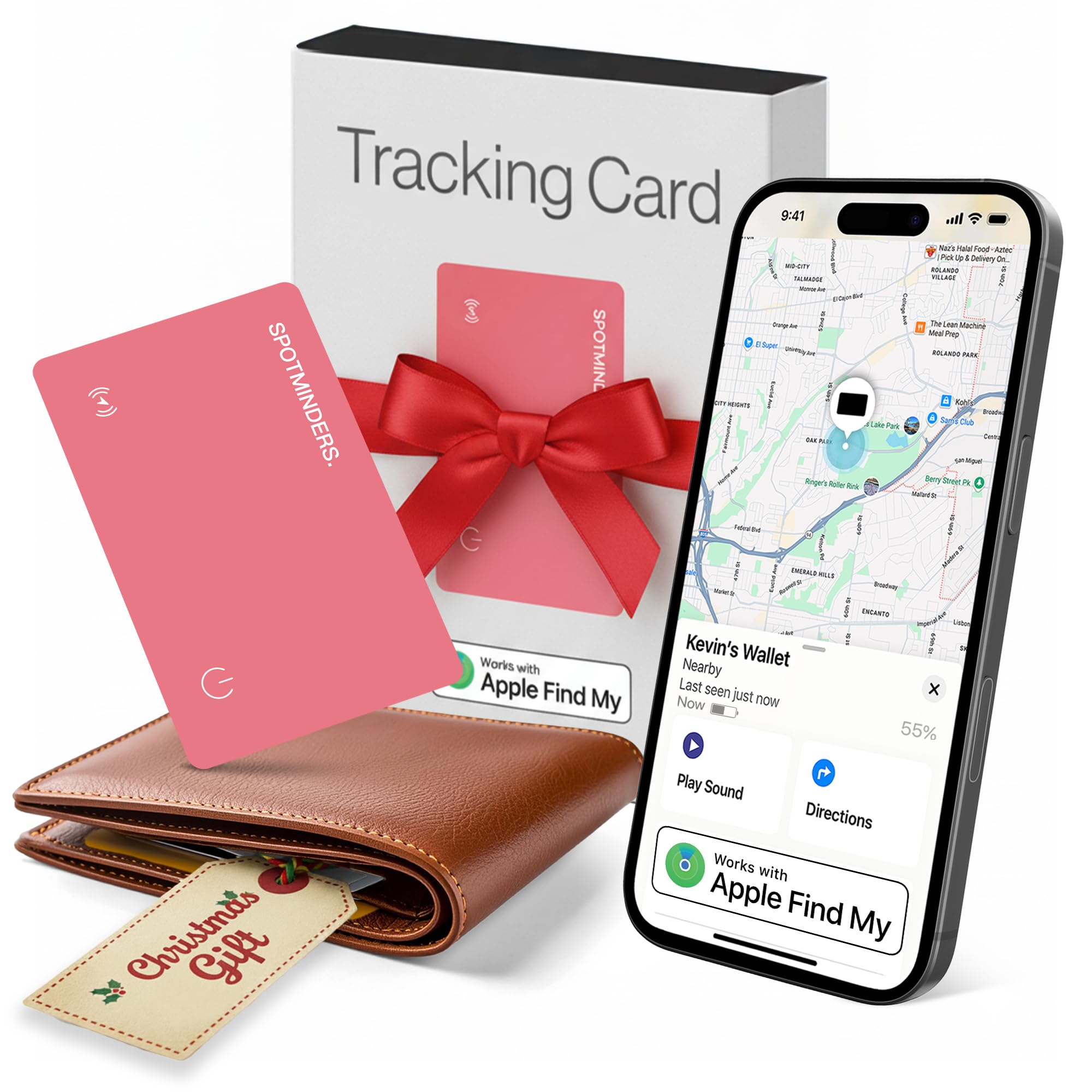 SPOTMINDERS Apple MFi Certified Wallet Tracker for Christmas Stocking Stuffers for Teen Girls Gifts for Women Works With Apple Find My Rechargeable Slim Tracking Card - White Elephant Gifts for Adults