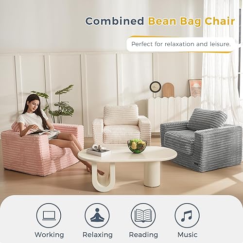 Miniatura 3 de MAXYOYO Puf gigante para adultos, sofá tapizado de suelo con almohadas y reposabrazos, puf grande de felpa, sofá para dormitorio, sala de estar,