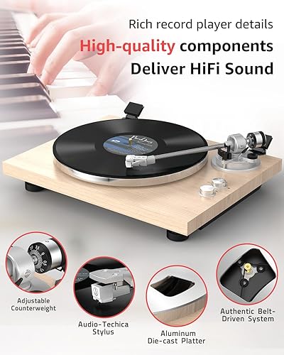 Miniatura 8 de Tocadiscos Tocadiscos Salida Inalámbrica Fibra de Carbono Tonearm Plato de Aluminio Tracción por Correa LP Turntables Audio Phono RCA Line Out