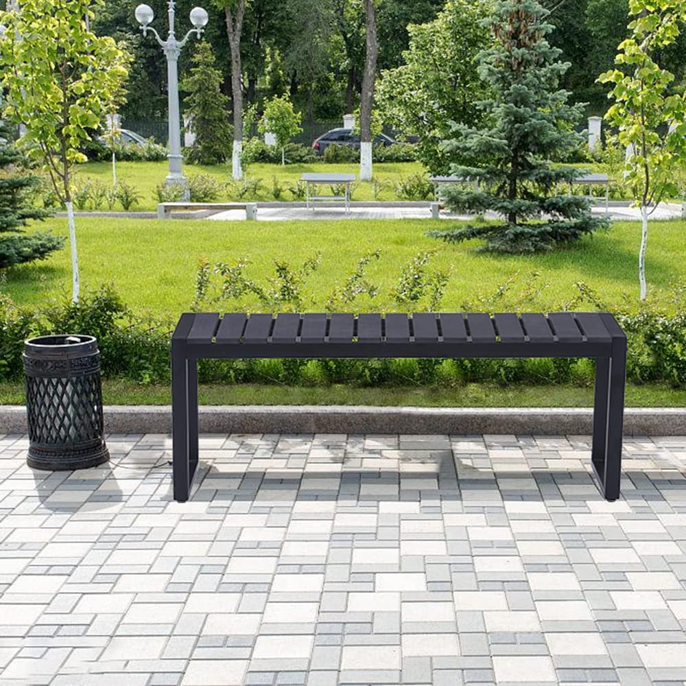 Mingone Panca da Giardino a 2 Posti Seduta in Resina Nera Panca da Esterno Gambe in Metallo Antiruggine Panca Moderna, 120cm