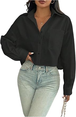 WDIRARA Womens Solid Long Sleeve Button Down Shirts Blouse