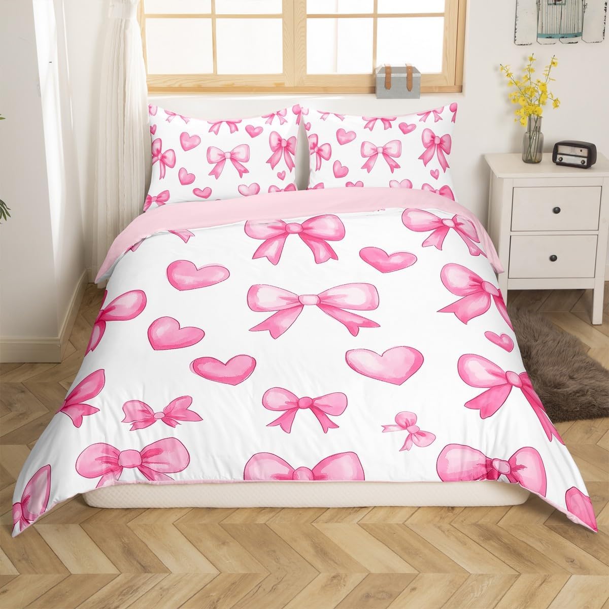 Erosebridal Pink Bow Toddler Bedding Set for Girls,Kawaii Love Bowknot Kids Duvet Cover Cute Girly Bow Comforter Cover Romantic Heart Bowknot Bed Set Bedroom Decor 1 Pillow Case
