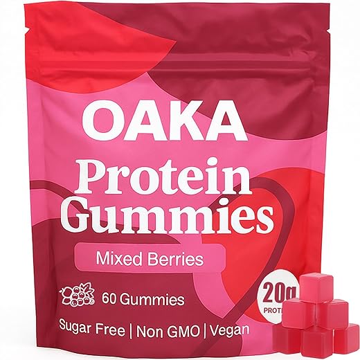 OAKA Protein Gummies, 20g Protein per Serving, Support Hair, Skin, Nails Health, Boost Energy, Protein Supplement for Women Men, Zero Sugar, Vegan, Mixed Berries Flavor, 60 Gummies