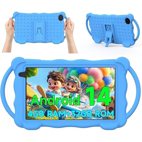 Kids Tablet 7 inch Android 14.0 for Toddler, 4GB RAM 32GB ROM Bluetooth IPS Screen Google Play YouTube Parental Control Dual Camera Shockproof Case for Educational Games (Blue)