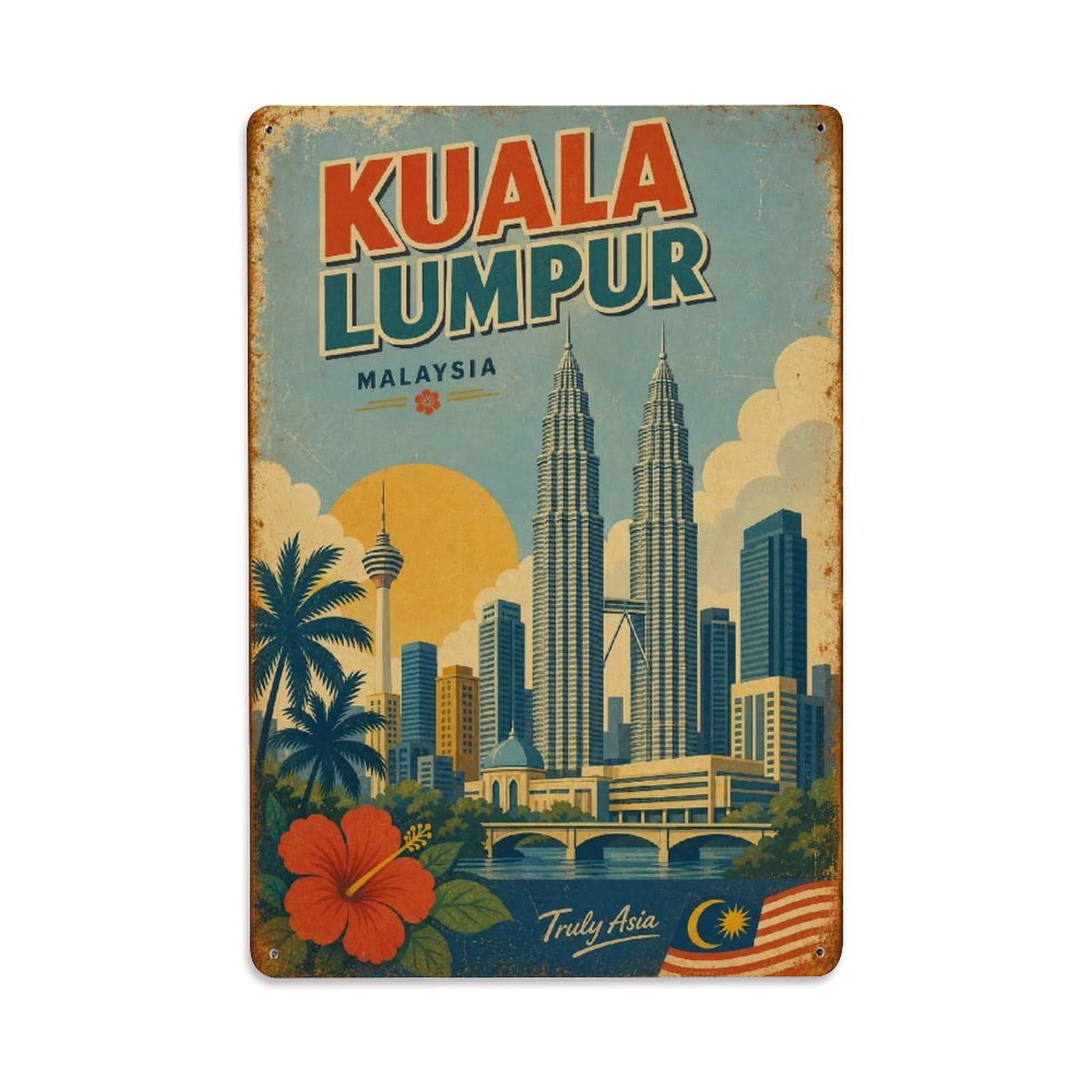 Gead 8X12inch Style Retro Travel Malaysia Kuala Lumpur Metal Tin Sign