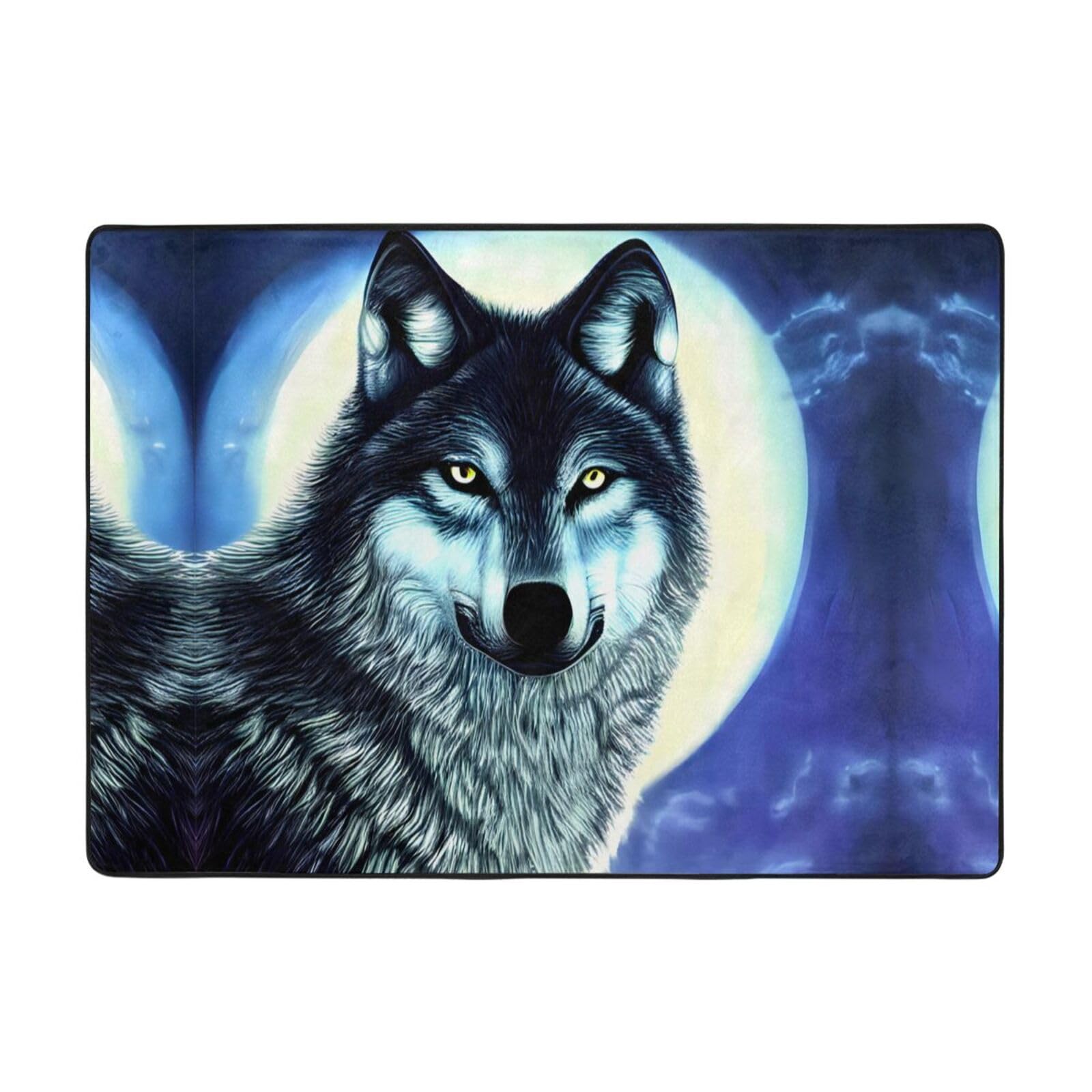 Tapis de sol pour salon BROLEO motif loup imprimé et lune 203 x 147 cm